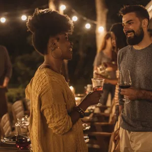 To Gæster Snakker På Terrasse Med Lys I Baggrunden