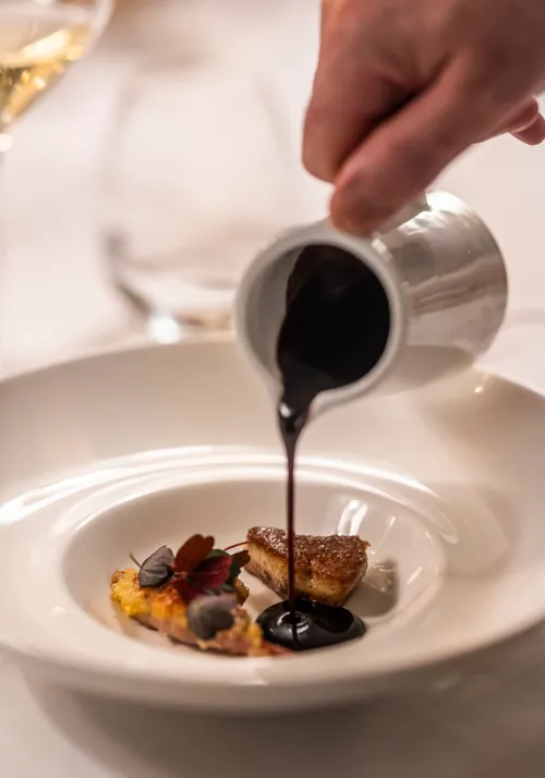 Souce Hældes På Gourmet Ret