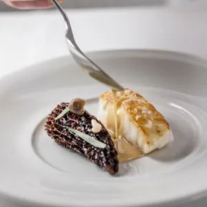 Gourmet Fiskeret Med Svampe Og Souce Anrettes